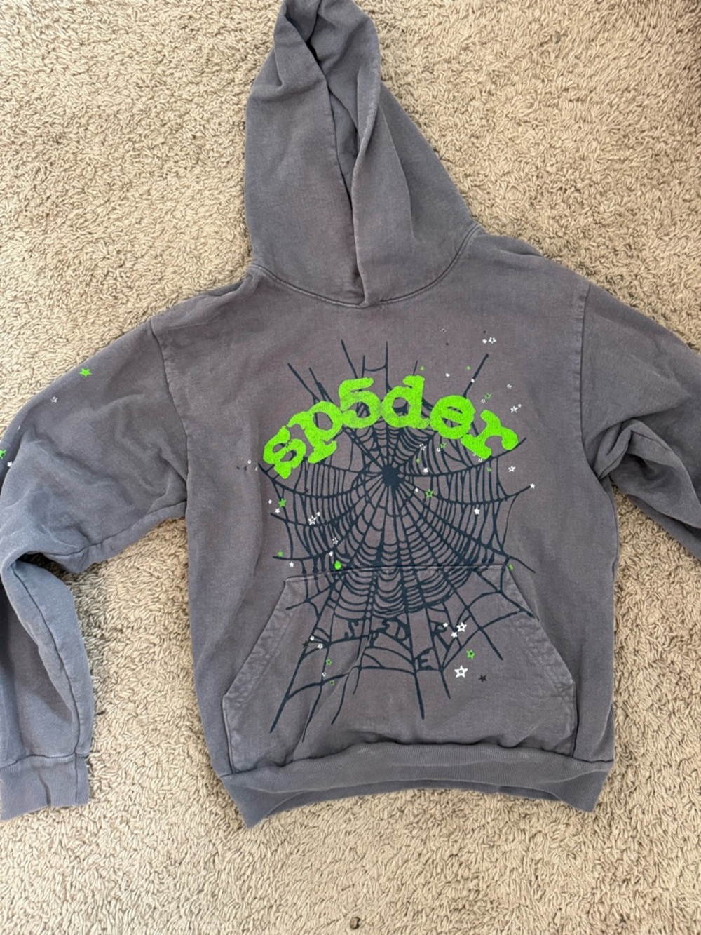 Spodden Gray Pullover Hoodie with Neon Green Script and Spiderweb Graphic